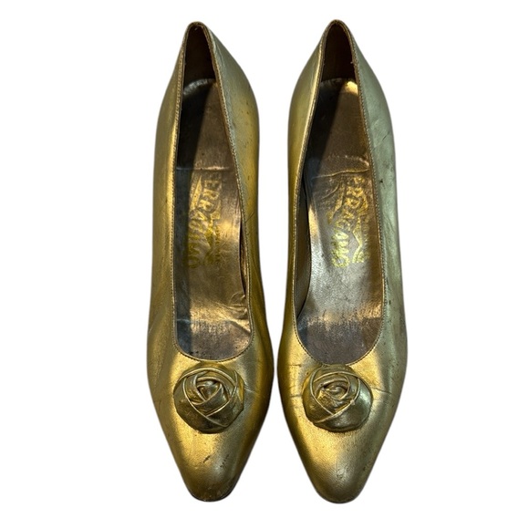 Salvatore Ferragamo Shoes - Salvatore Ferragamo | Vintage Kitten Heels with Rosette in Gold Size 8.5